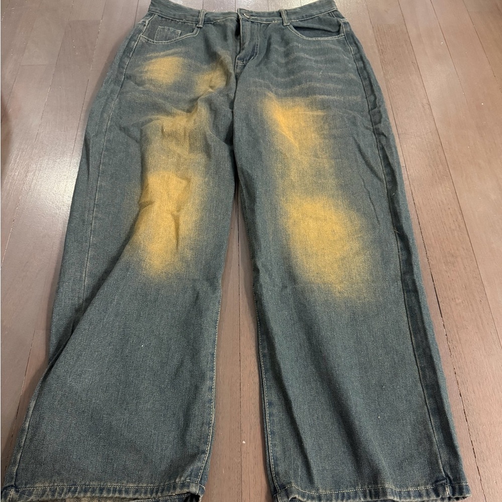 Men's Distressed Jeans with Yellow Accents